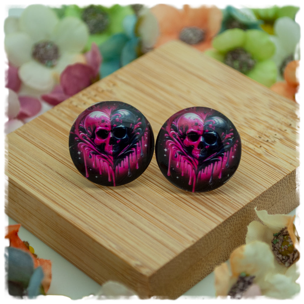 Ohrringe pink schwarzes Totenkopfherz