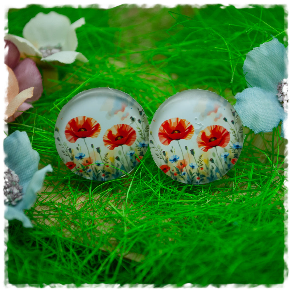 Ohrringe beige mit Wiese und Mohnblumen