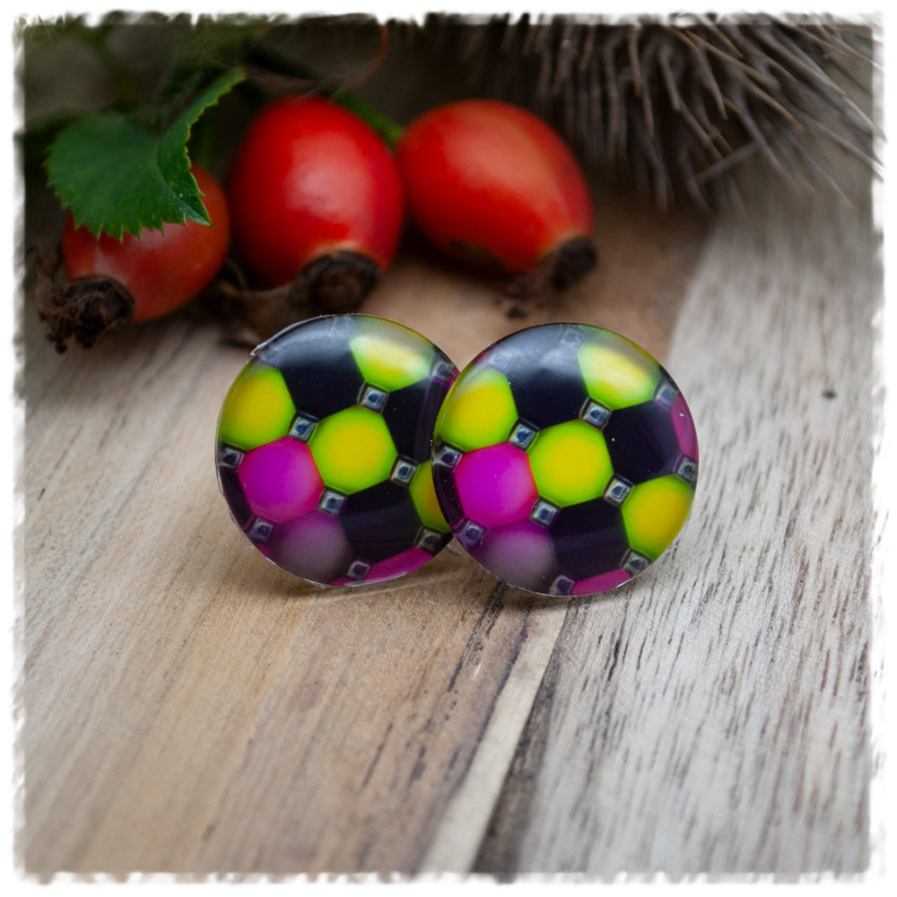 Ohrringe in 20 mm schwarz - pink - grün gemustert
