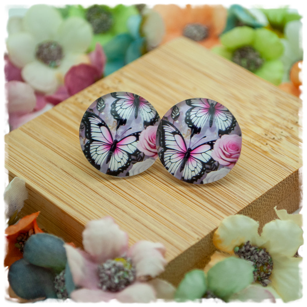 Ohrringe grau mit Schmetterlingen in schwarz, weiß und rosa