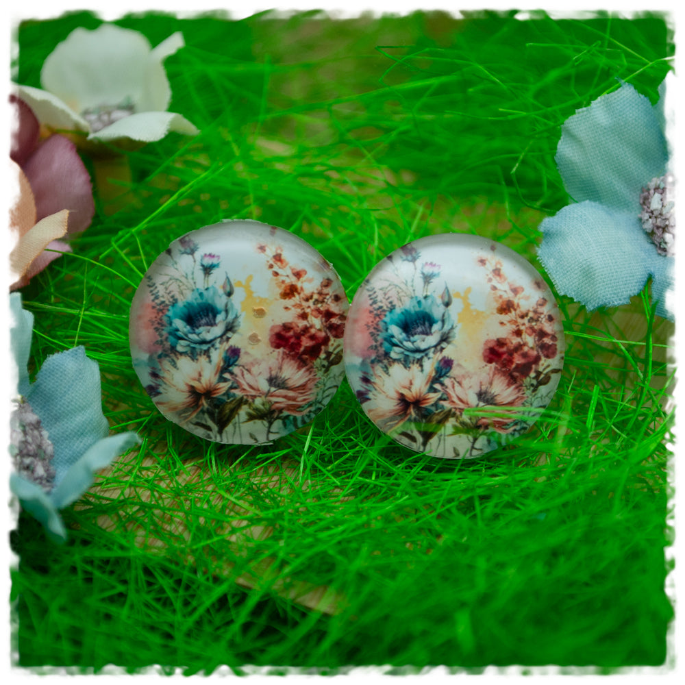 Ohrringe in 20 mm beige mit Blume in petrol