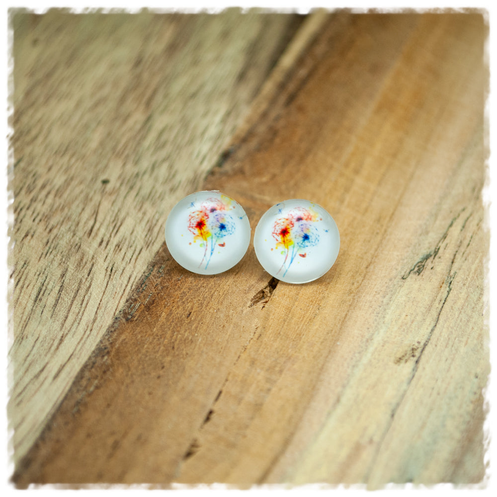 Ohrringe in 12 mm weiß mit bunten Pusteblumen