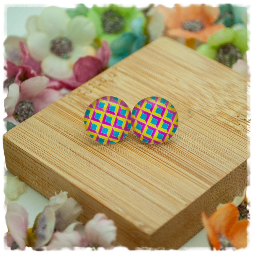 Ohrringe in 14 mm pink, gelb, blau gemustert