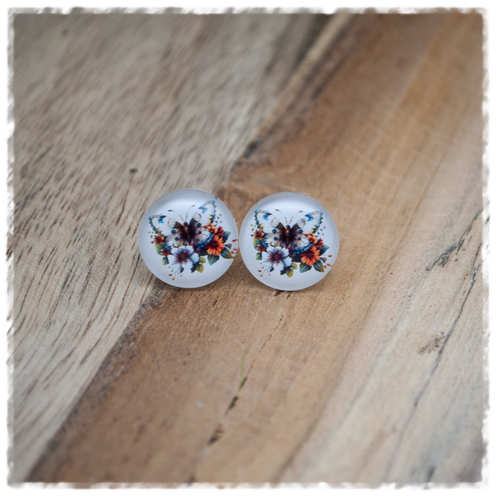 Ohrringe in 14 mm weiß mit Schmetterling und Blüten