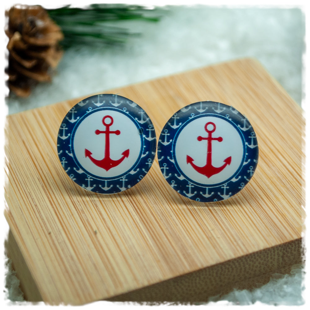 Ohrringe blau weiß mit rotem Anker