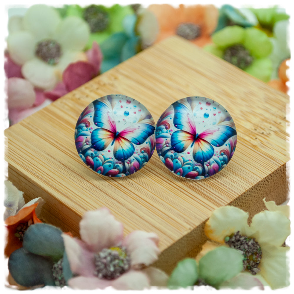 Ohrringe mit Schmetterling in blau, beige und pink - Jackelina