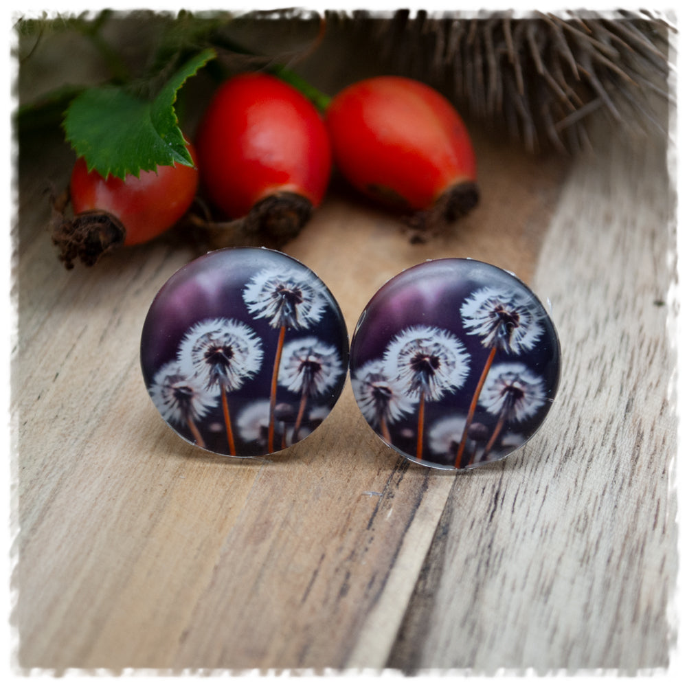 Ohrringe in 20 mm violett mit Pusteblumen