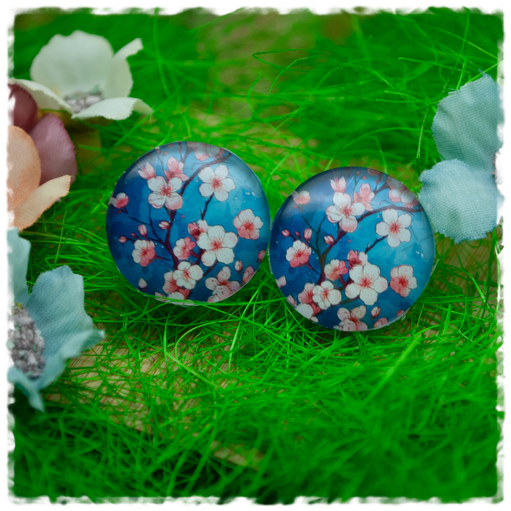 Ohrringe in 20 mm blau mit Kirschblüten