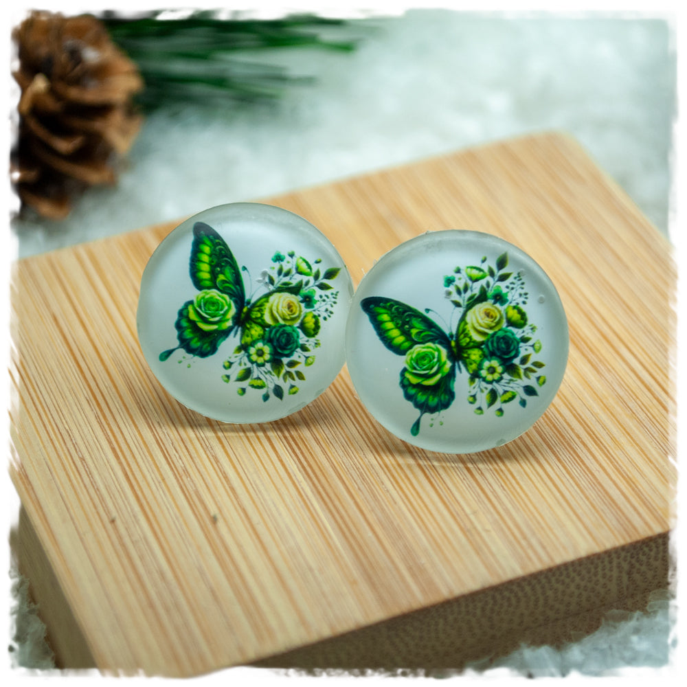 Ohrringe weiß mit grünen Blumen und grünem Schmetterling