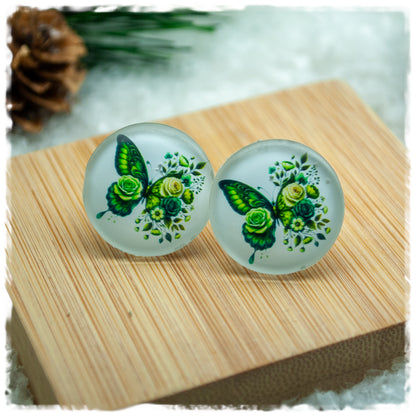 Ohrringe weiß mit grünen Blumen und grünem Schmetterling