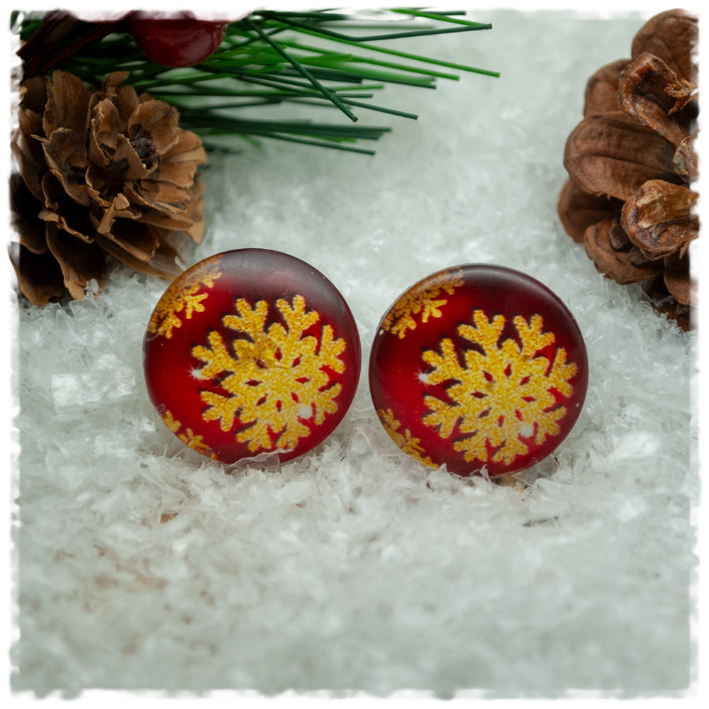 Ohrringe in 20 mm rot mit goldener Schneeflocke
