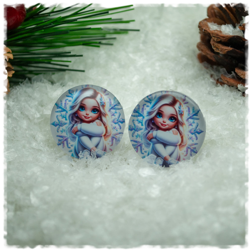 Ohrringe weiß mit Mädchen und Schneeflocke