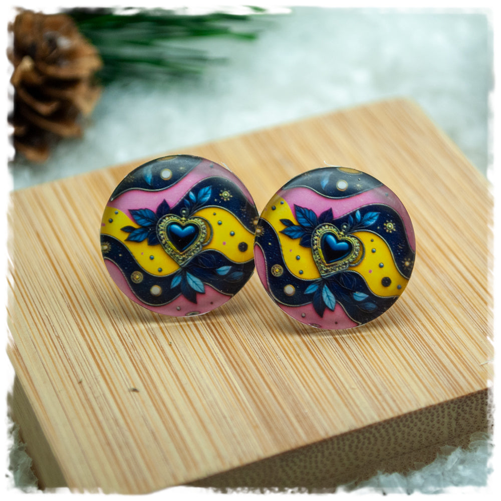 Ohrringe in 20 mm gelb, rosa, dunkelgrau gewellt mit Herz
