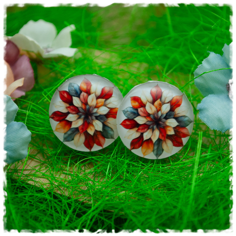 Ohrringe in 20 mm weiß mit Blättern in beige, braun und graublau