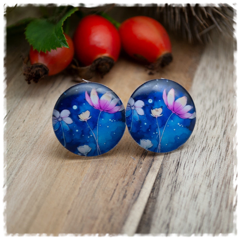 Ohrringe in 20 mm blau mit gelb - rosa Blume