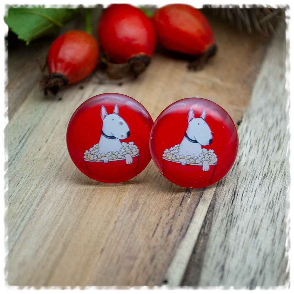 Ohrringe in 20 mm rot mit weissem Hund