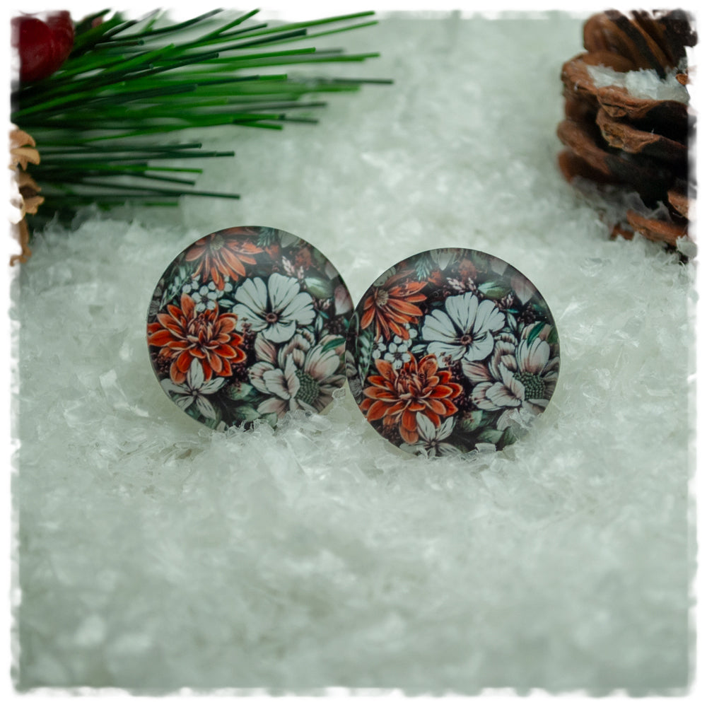 Ohrringe schwarz mit Blüten in hellgrau und orange