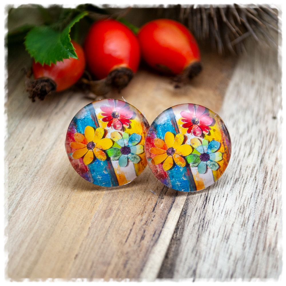 Ohrringe buntes Holzdekor mit 3 Blüten (AKTION)