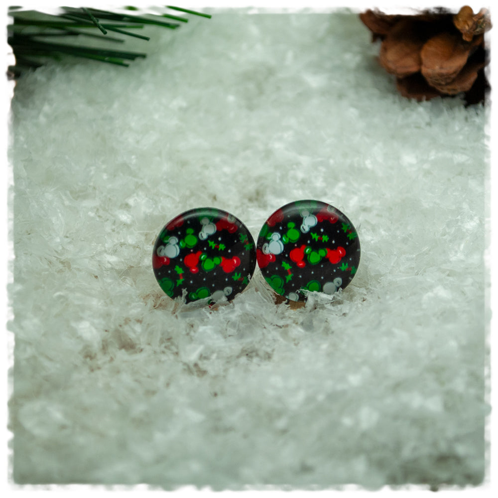 Ohrringe schwarz mit Mäusen in rot, grün und weiß