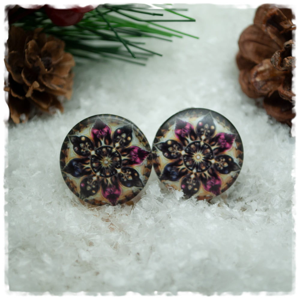 Ohrringe schwarz beige mit pink schwarzer Eisblüte