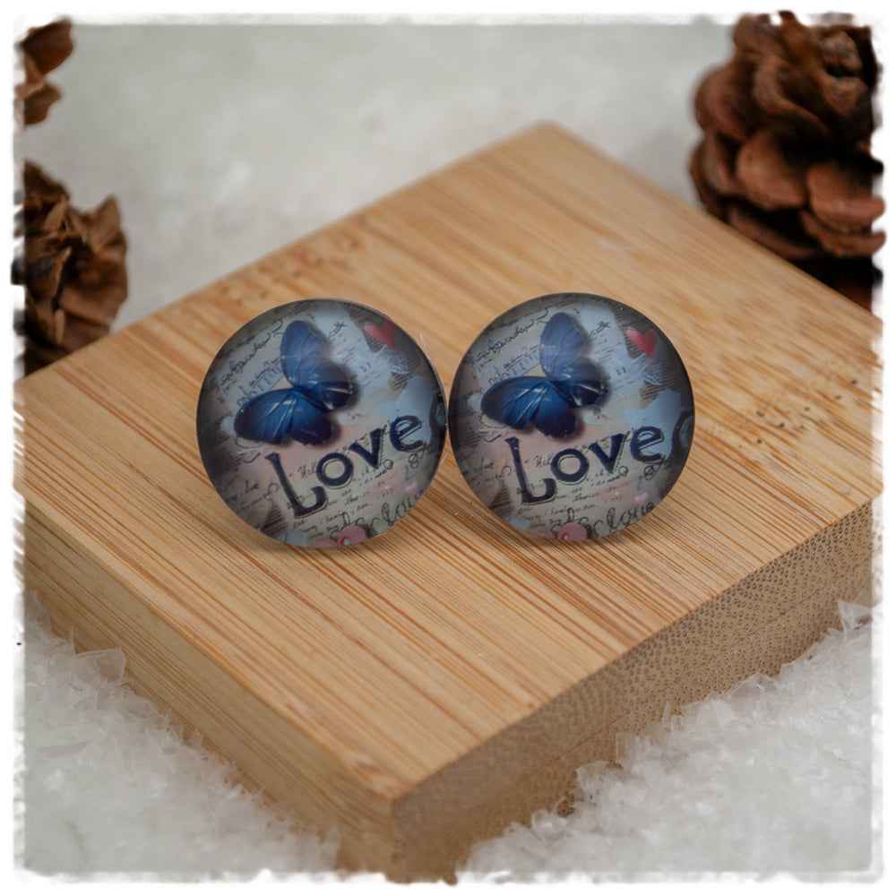 Ohrringe grau mit blauem Schmetterling und Love