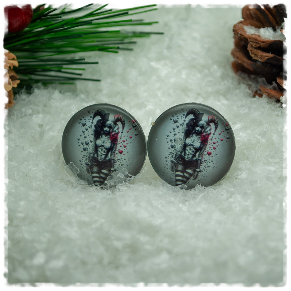 Ohrringe grau mit Harlekinmädchen und Herzen