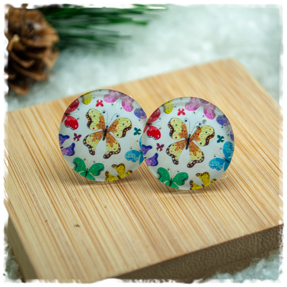 Ohrringe weiß mit bunten Schmetterlingen