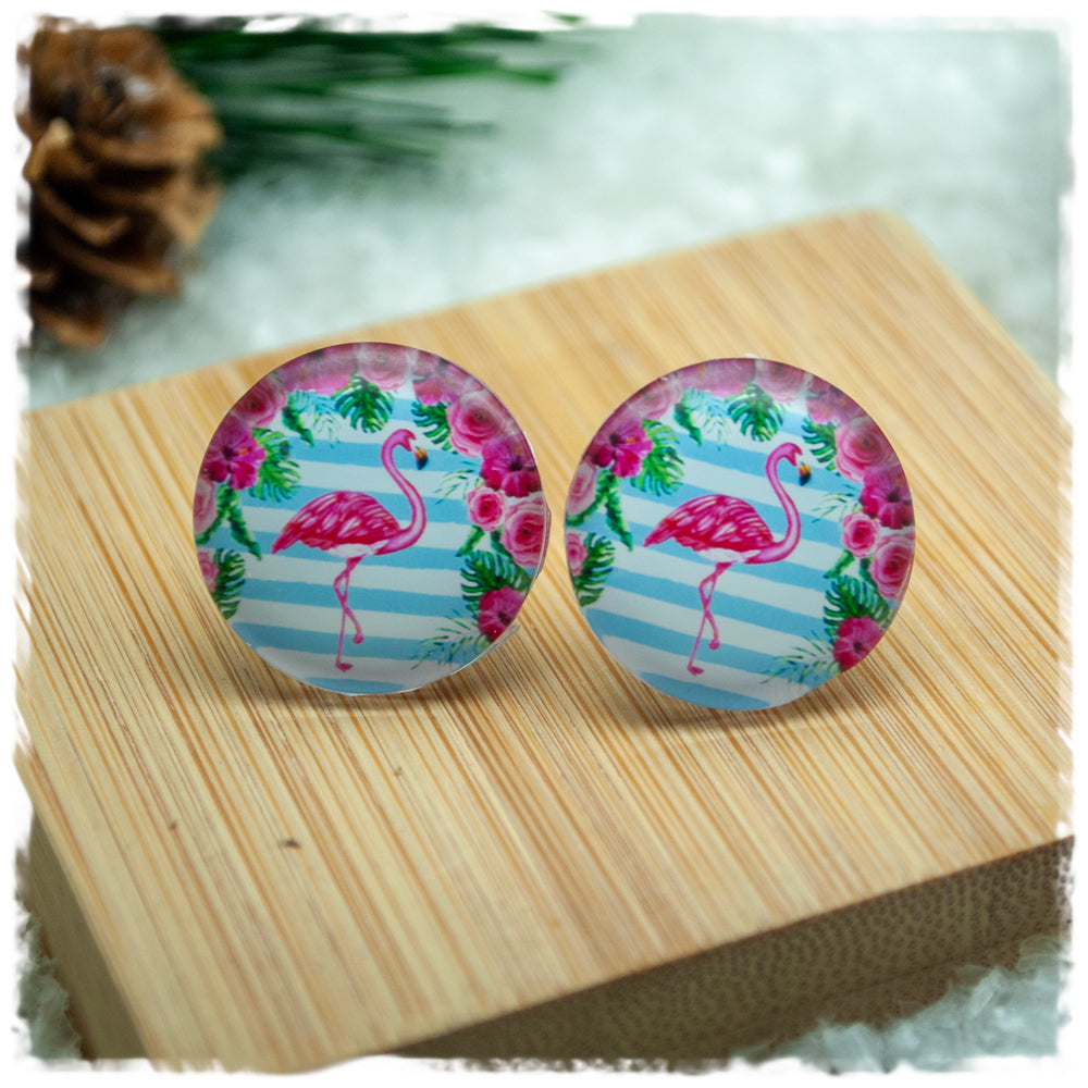 Ohrringe in 20 mm hellblau weiß mit Flamingo