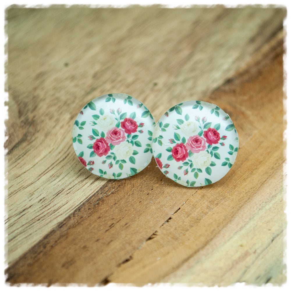 Ohrringe beige mit beigen und pinken Rosen