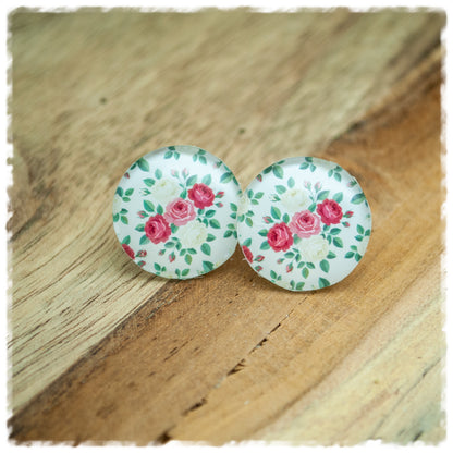 Ohrringe beige mit beigen und pinken Rosen