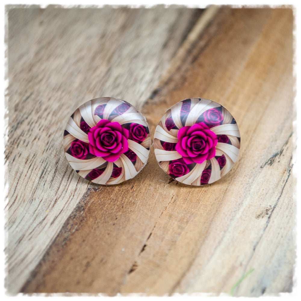 Ohrringe in 20 mm beiger Wirbel mit pinker Blüte