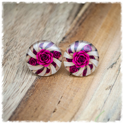 Ohrringe beige mit pinken Rosen