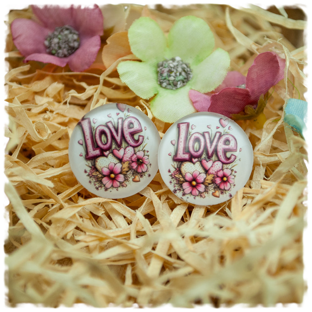 Ohrringe weiß mit rosa Blüten und Love