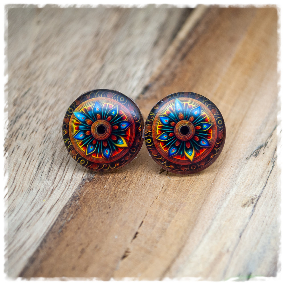 Ohrringe in 20 mm braun mit blauem Mandala