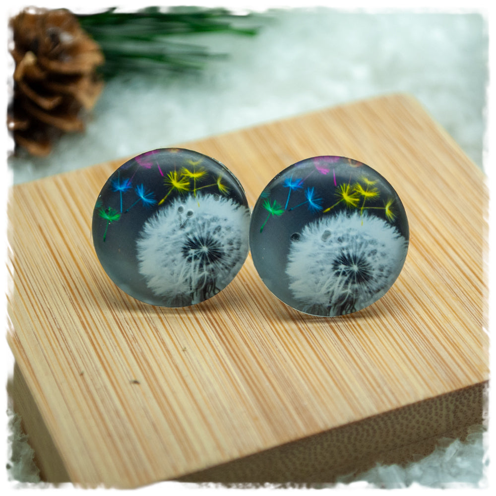 Ohrringe in 20 mm grau mit Pusteblume und bunten Schirmfliegern