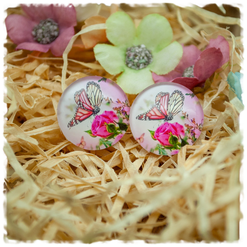Ohrringe rosa Schmetterling und pinke Blume