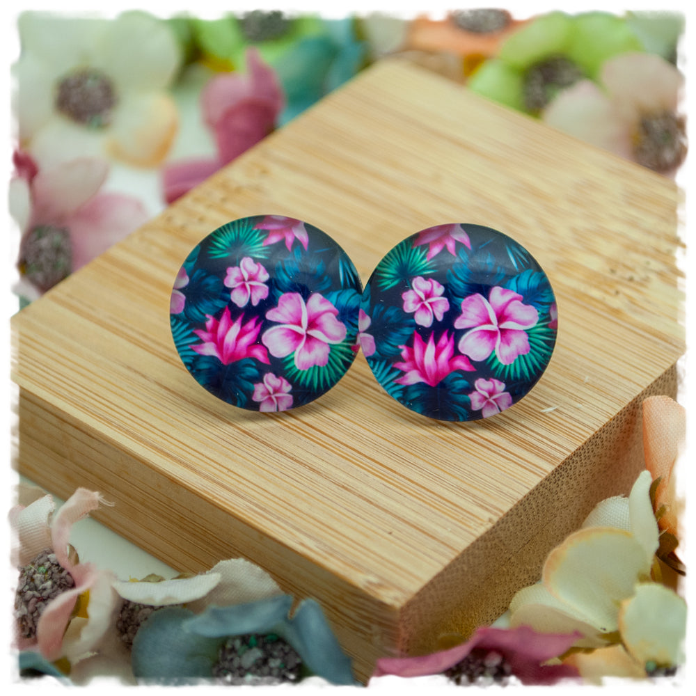 Ohrringe dunkelblau mit Palmenblättern und rosa Blüten - Jackelina