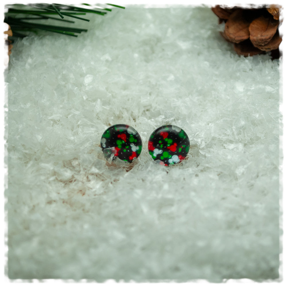 Ohrringe schwarz mit Mäusen in rot, grün und weiß