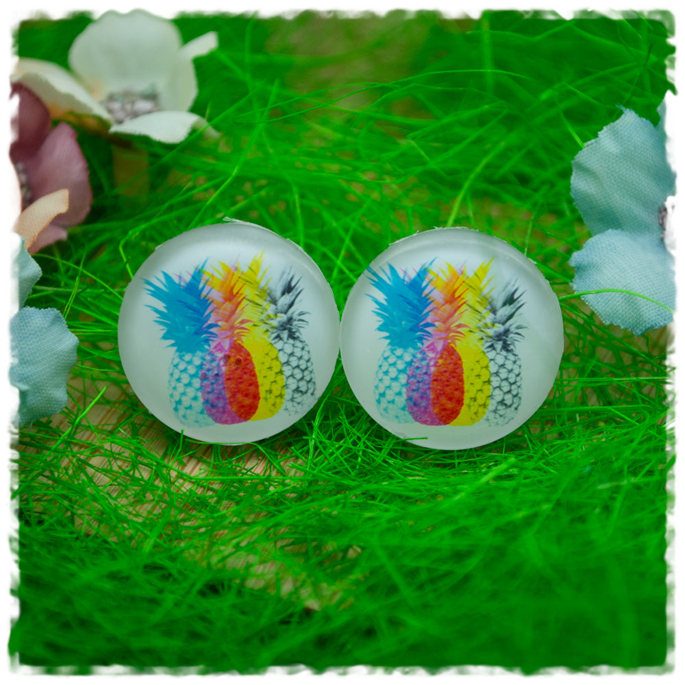 Ohrringe in 20 mm weiß mit bunten Ananas