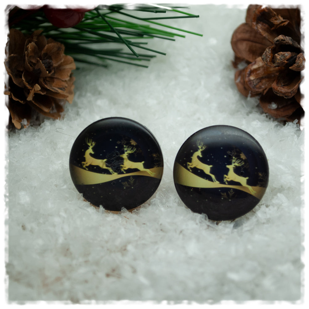 Ohrringe dunkelblau mit goldenen Rentieren