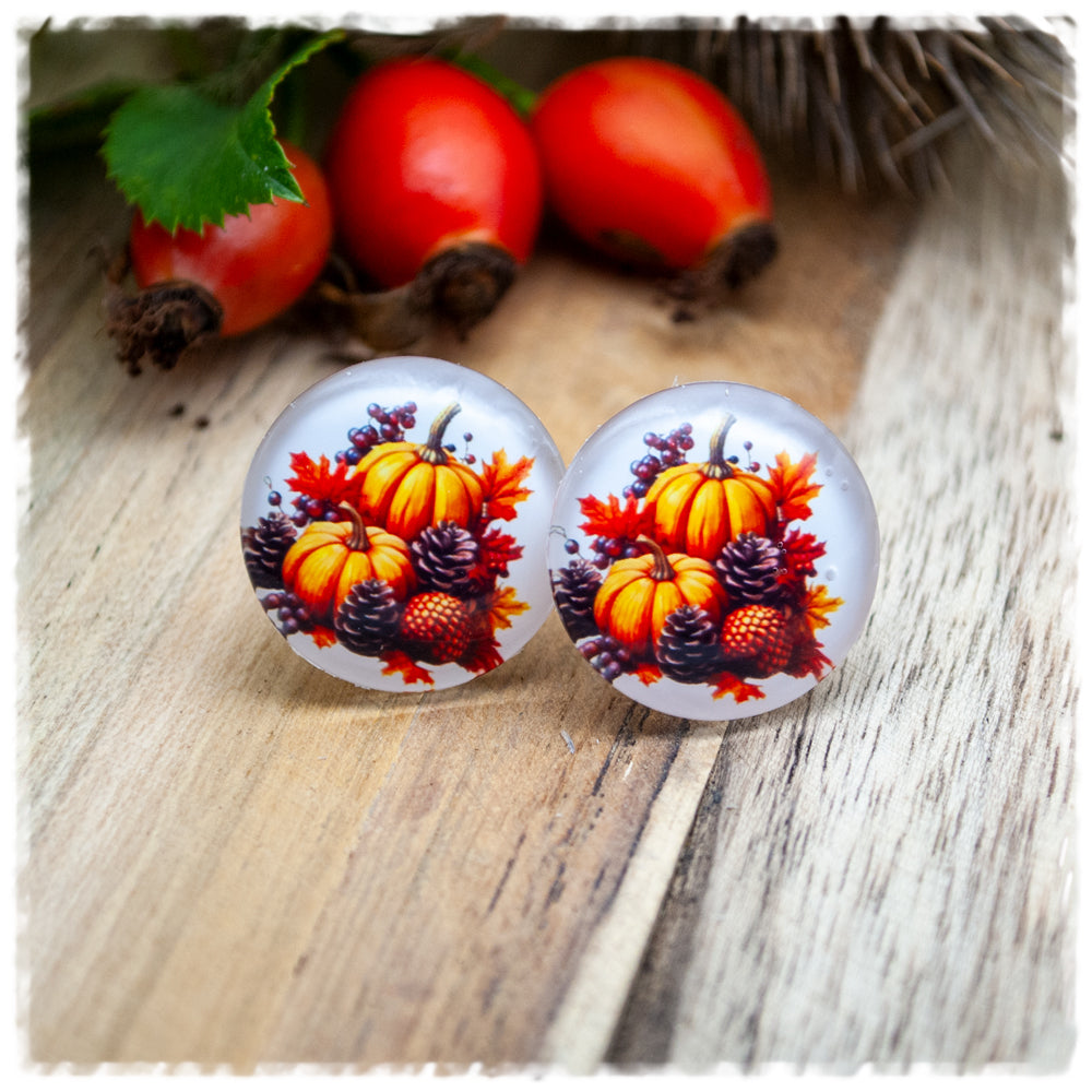Ohrringe weiss mit Kürbissen und Kiefernzapfen (AKTION)