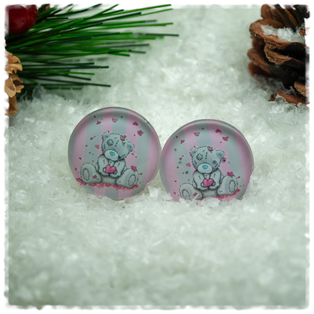 Ohrringe rosa grau gestreift mit Teddybär