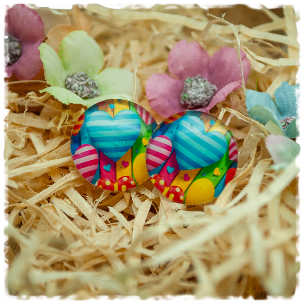 Ohrringe buntes Holzdekor mit Herzen