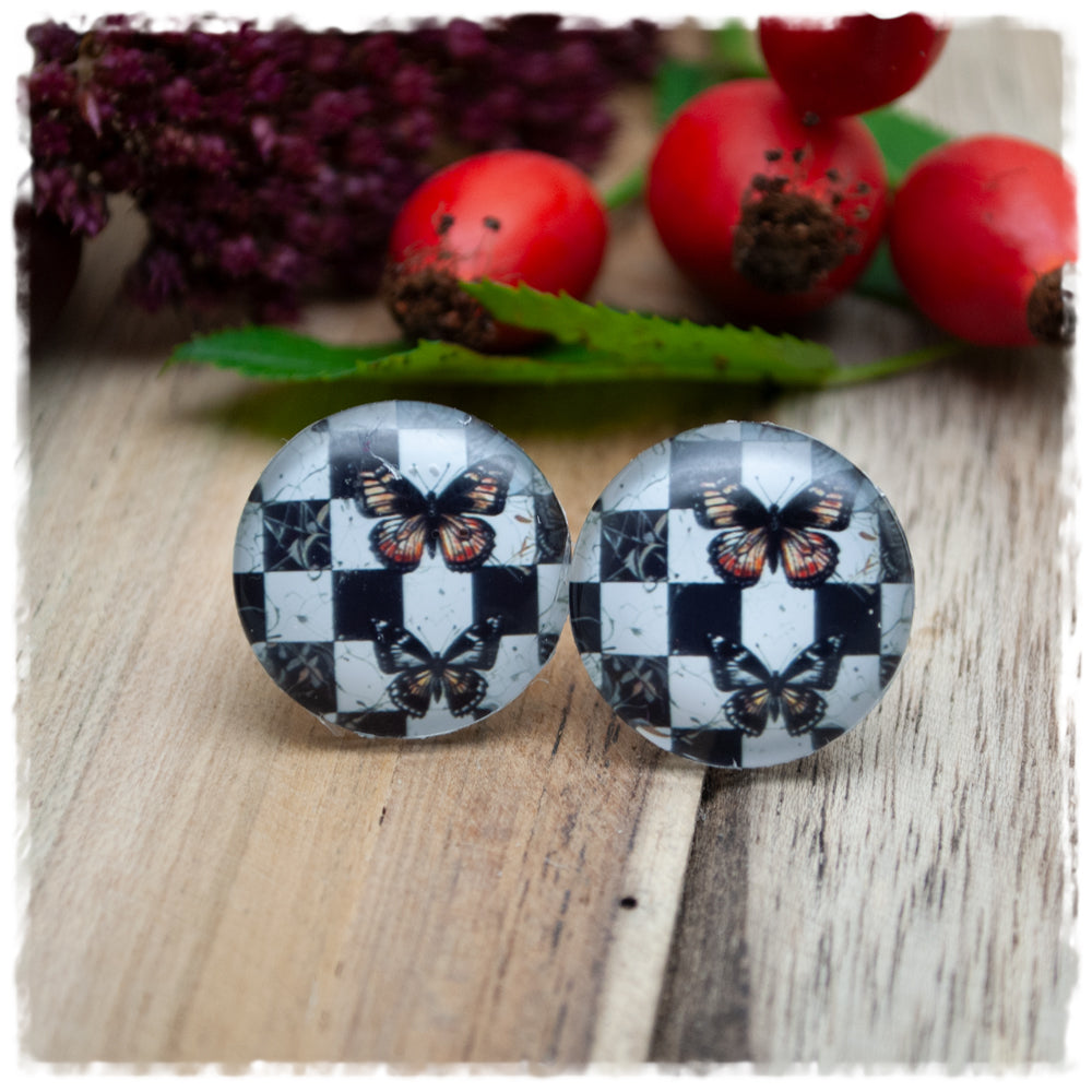 Ohrringe schwarz weiß kariert mit Schmetterlingen