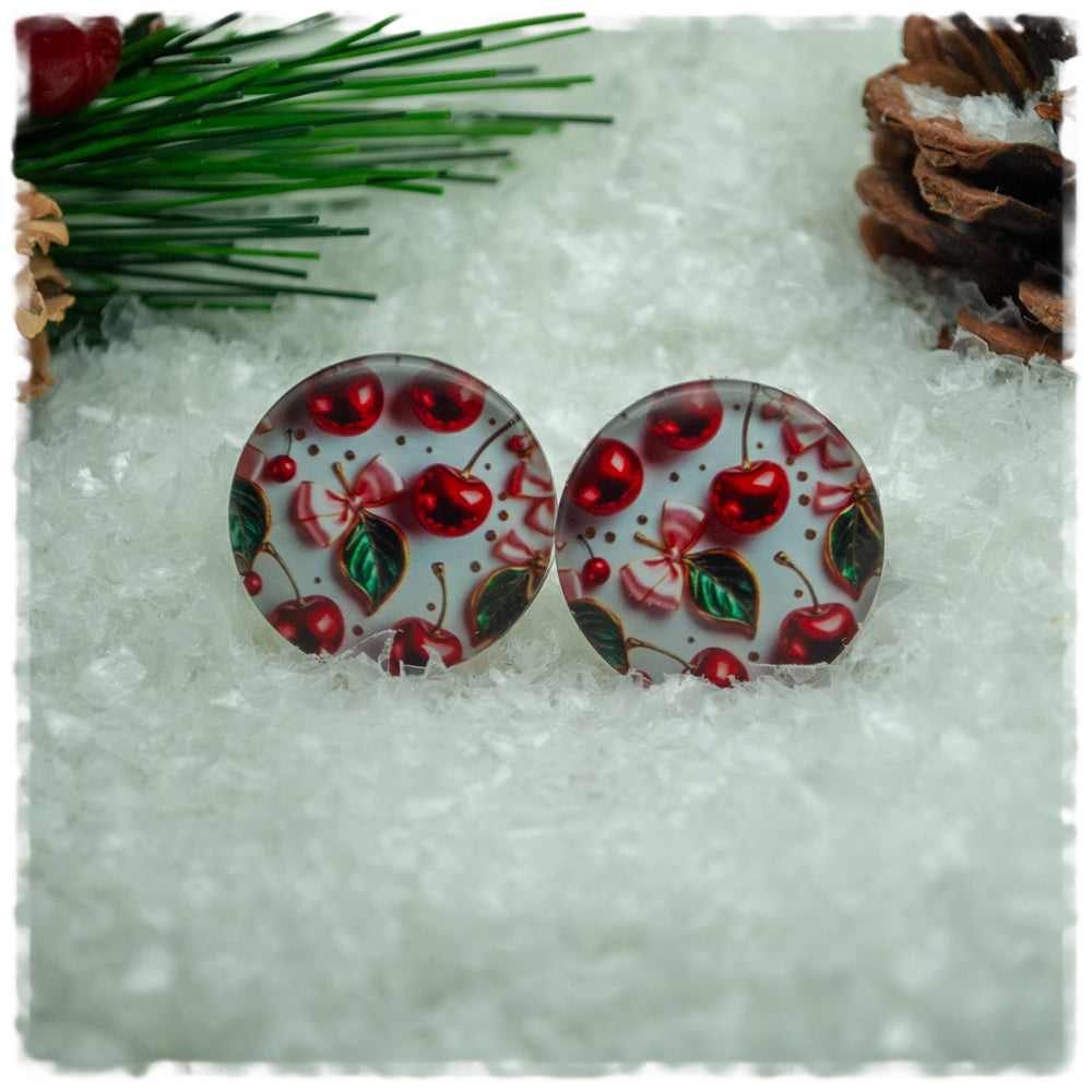 Ohrringe grau mit Kirschen und Schleifen