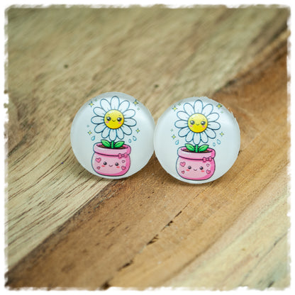 Ohrringe weiß mit weißer Blume und rosa Topf