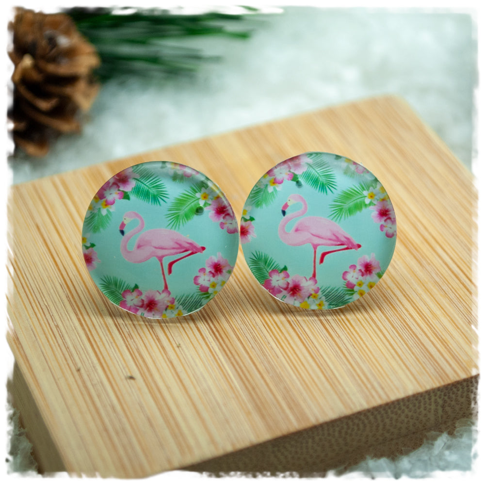 Ohrringe grün mit Flamingo und rosa Blüten