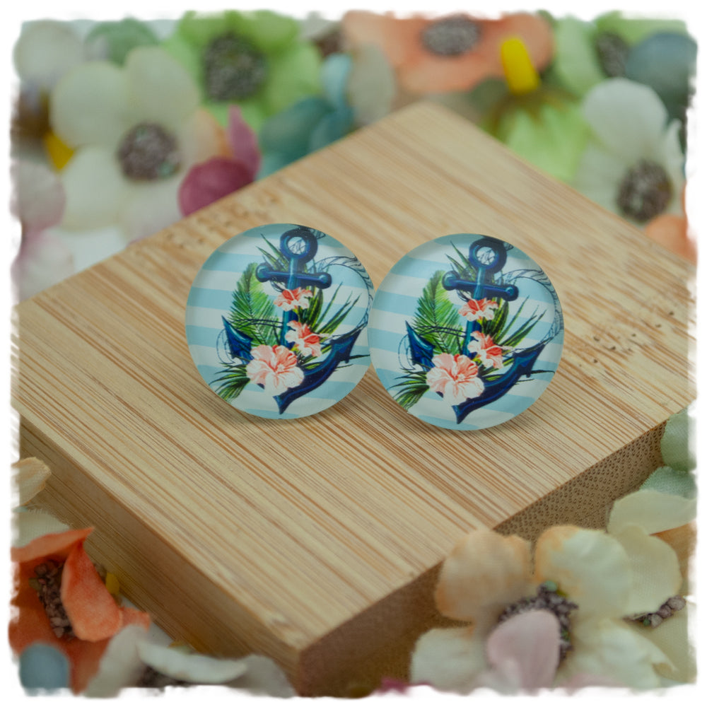 Ohrringe blau weiß gestreift mit Anker und rosa Blüten