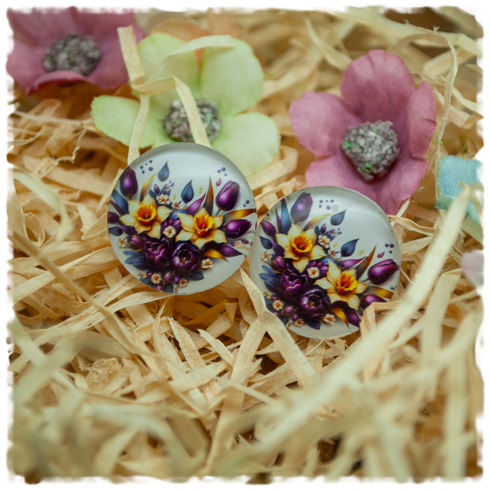 Ohrringe in 20 mm beige mit gelben und violetten Blumen