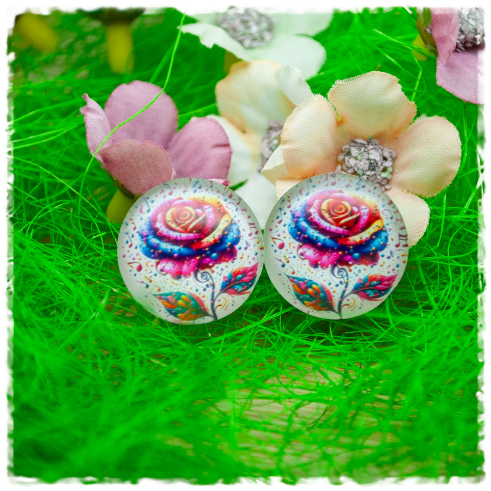 Ohrringe in 18 mm beige mit bunter Rose